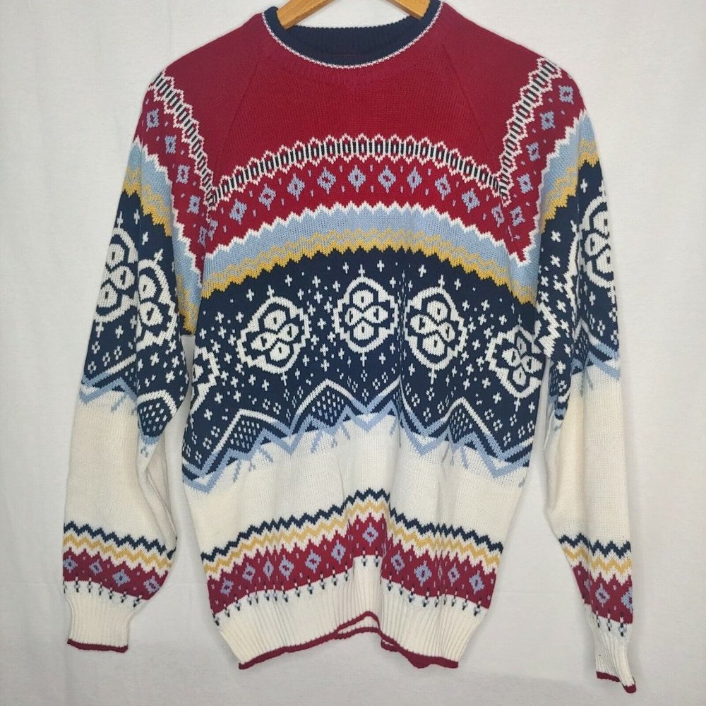 NOS Campus Mens M Sweater Geometric Pullover Maroon Navy Blue White NWT Retro